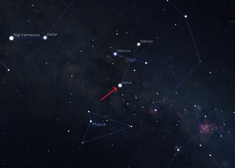 The Southern Crux constellation with Acrux pointed to.